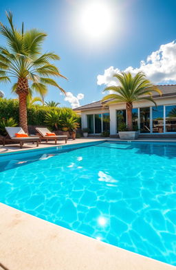 A serene and picturesque scene of a swimming pool in a luxurious backyard setting