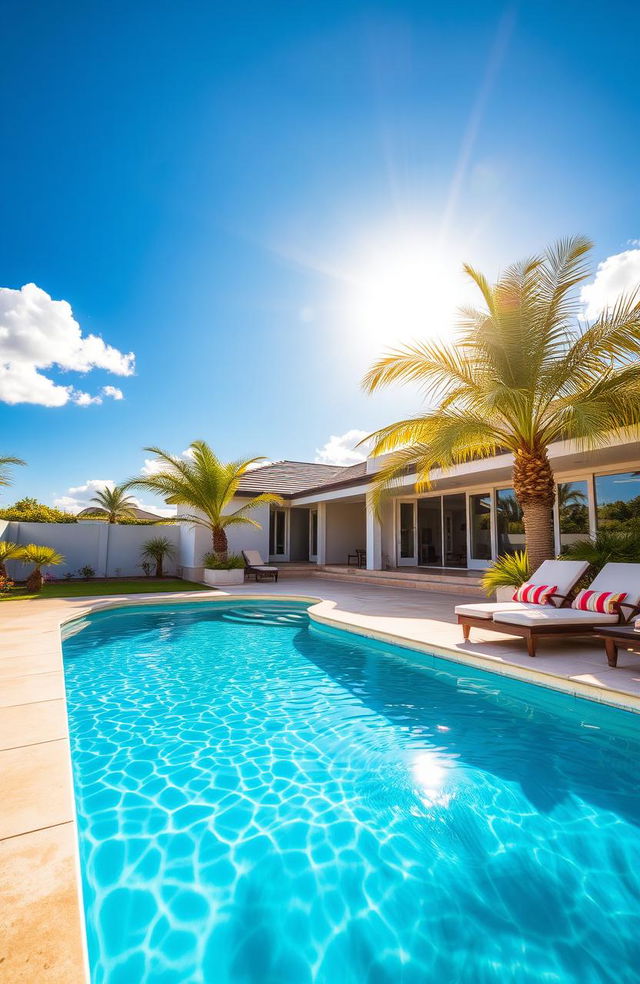 A serene and picturesque scene of a swimming pool in a luxurious backyard setting