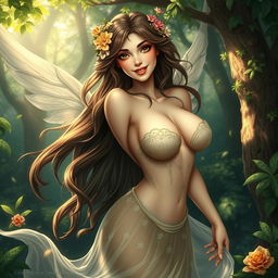 A beautiful female nymph with large breasts, surrounded by a lush, enchanting forest