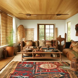 A spacious living room with tribal-inspired designs. The room features earth-toned furniture, patterned rugs, distinctive tribal art pieces, and wooden elements for a warm, ethnic aesthetic.