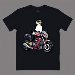 A modern black T-shirt laid flat, featuring a bold graphic design of a penguin sitting on a sleek, low-profile sports motorcycle