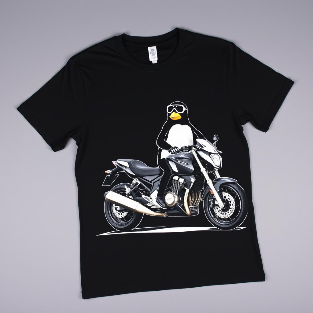 A modern black T-shirt laid flat, featuring a bold graphic design of a penguin sitting on a sleek, low-profile sports motorcycle