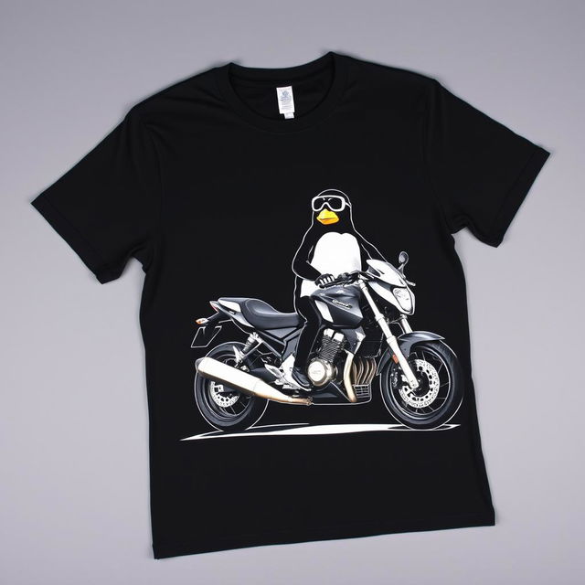 A modern black T-shirt laid flat, featuring a bold graphic design of a penguin sitting on a sleek, low-profile sports motorcycle