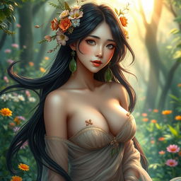 A beautiful Asian female nymph with large breasts, surrounded by a vibrant and lush forest