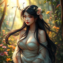 A beautiful Asian female nymph with large breasts, surrounded by a vibrant and lush forest