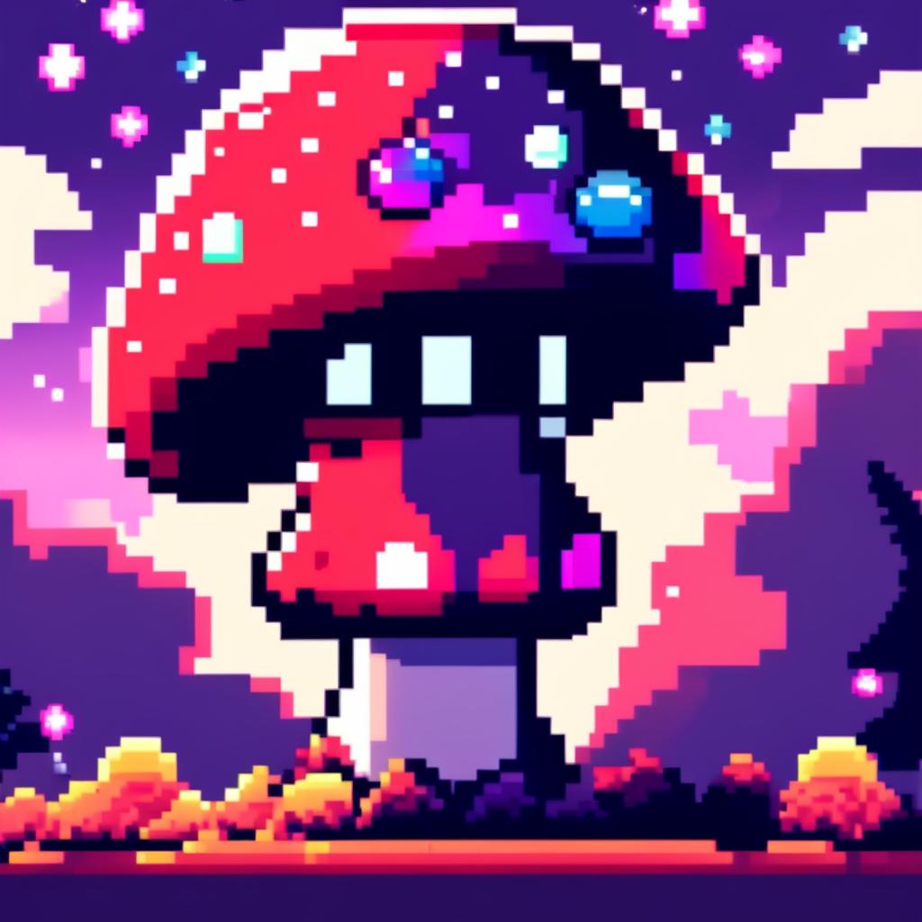 Pixel art profile picture featuring a cosmic mushroom with a vibrant red and purple cap under a starlit midnight blue sky.