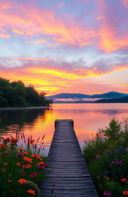 A serene landscape featuring a vibrant sunset over a tranquil lake, surrounded by lush green trees and colorful wildflowers in the foreground