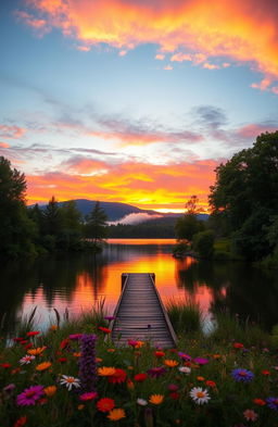 A serene landscape featuring a vibrant sunset over a tranquil lake, surrounded by lush green trees and colorful wildflowers in the foreground