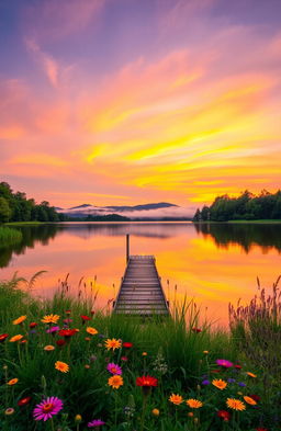 A serene landscape featuring a vibrant sunset over a tranquil lake, surrounded by lush green trees and colorful wildflowers in the foreground