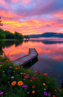 A serene landscape featuring a vibrant sunset over a tranquil lake, surrounded by lush green trees and colorful wildflowers in the foreground