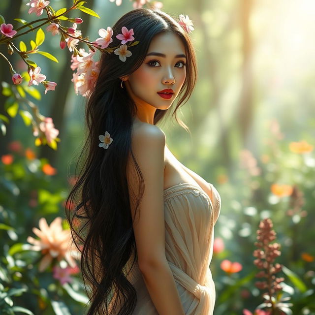 A beautiful Asian female nymph with large breasts, captivating and graceful, standing in a vibrant, mystical forest