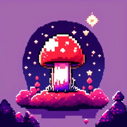 Pixel art profile picture featuring a cosmic mushroom with a vibrant red and purple cap under a starlit midnight blue sky.