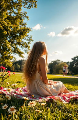 A poignant scene of unrequited love during a golden summer afternoon, set in a beautiful park