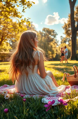 A poignant scene of unrequited love during a golden summer afternoon, set in a beautiful park