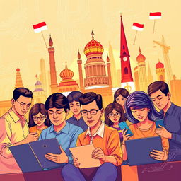 A vibrant and engaging illustration depicting the fusion of Pancasila values with digitalization in Indonesia