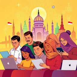 A vibrant and engaging illustration depicting the fusion of Pancasila values with digitalization in Indonesia