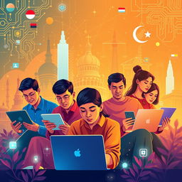 A vibrant and engaging illustration depicting the fusion of Pancasila values with digitalization in Indonesia