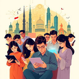A vibrant and engaging illustration depicting the fusion of Pancasila values with digitalization in Indonesia