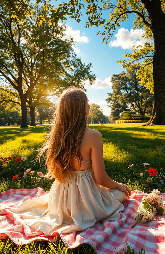 A poignant scene of unrequited love during a golden summer afternoon, set in a beautiful park