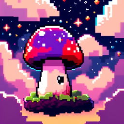 Pixel art profile picture featuring a cosmic mushroom with a vibrant red and purple cap under a starlit midnight blue sky.