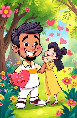 A whimsical cartoon illustration depicting an animated character named Mohammed Siraj playfully teaching how to kiss