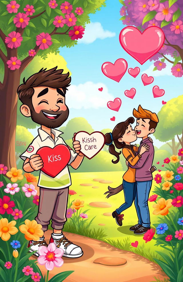 A whimsical cartoon illustration depicting an animated character named Mohammed Siraj playfully teaching how to kiss