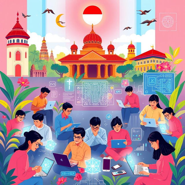 An inspiring illustration illustrating the theme of Pancasila values harmoniously blended with digitalization in Indonesia