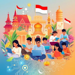 An inspiring illustration illustrating the theme of Pancasila values harmoniously blended with digitalization in Indonesia