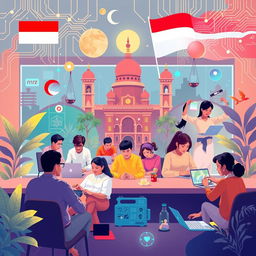 An inspiring illustration illustrating the theme of Pancasila values harmoniously blended with digitalization in Indonesia