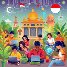 An inspiring illustration illustrating the theme of Pancasila values harmoniously blended with digitalization in Indonesia