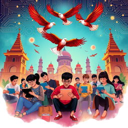 A captivating illustration depicting the theme of Pancasila values intertwined with digitalization in Indonesia