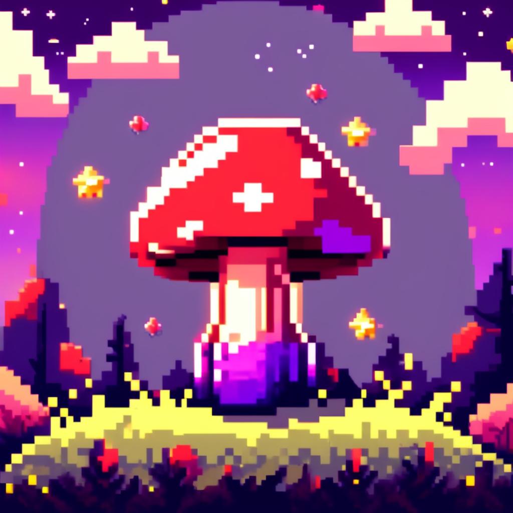 Pixel art profile picture featuring a cosmic mushroom with a vibrant red and purple cap under a starlit midnight blue sky.