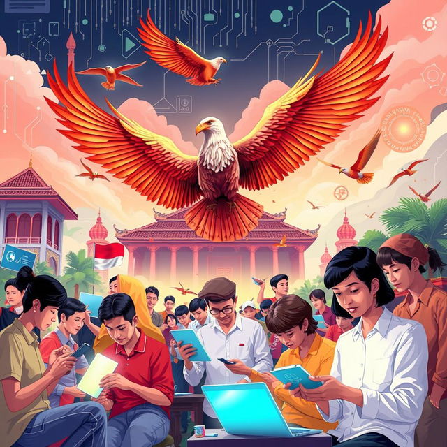 A captivating illustration depicting the theme of Pancasila values intertwined with digitalization in Indonesia