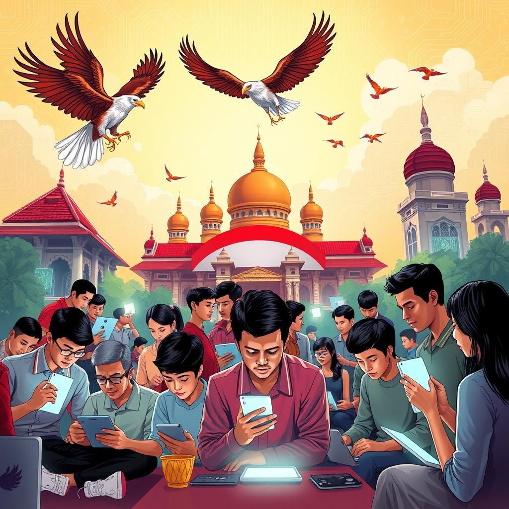 A captivating illustration depicting the theme of Pancasila values intertwined with digitalization in Indonesia