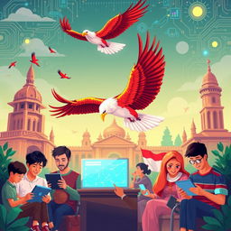 A captivating illustration depicting the theme of Pancasila values intertwined with digitalization in Indonesia