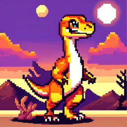 Pixel art PFP featuring a jovial orange and yellow Velociraptor against a backdrop of a desert sunset.