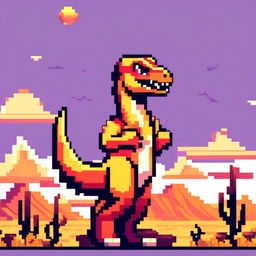 Pixel art PFP featuring a jovial orange and yellow Velociraptor against a backdrop of a desert sunset.