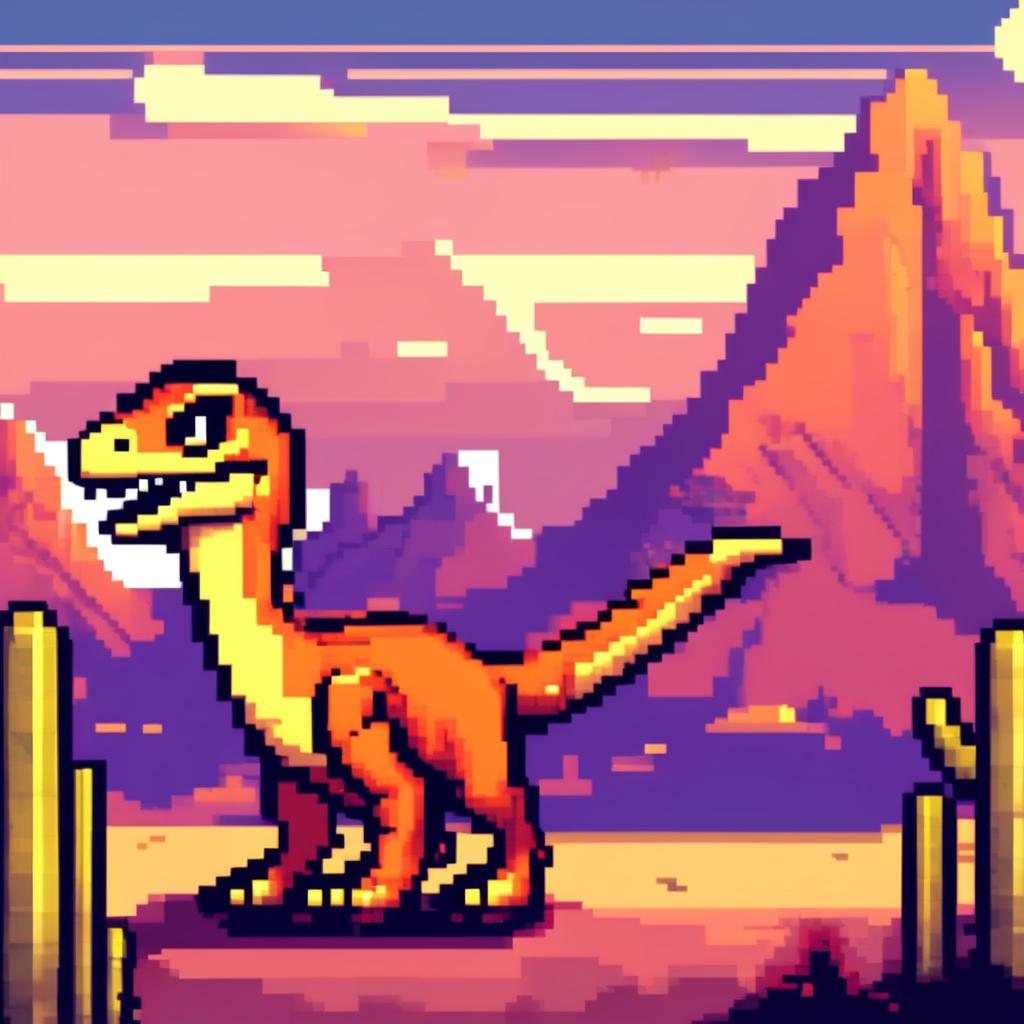 Pixel art PFP featuring a jovial orange and yellow Velociraptor against a backdrop of a desert sunset.