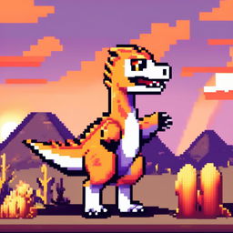 Pixel art PFP featuring a jovial orange and yellow Velociraptor against a backdrop of a desert sunset.