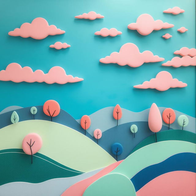 A decorative stylized landscape featuring abstract shapes and flowing lines, predominantly showcasing hues of blue, pink, and light green