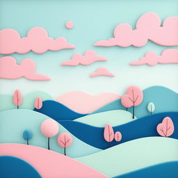 A decorative stylized landscape featuring abstract shapes and flowing lines, predominantly showcasing hues of blue, pink, and light green