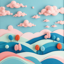 A decorative stylized landscape featuring abstract shapes and flowing lines, predominantly showcasing hues of blue, pink, and light green