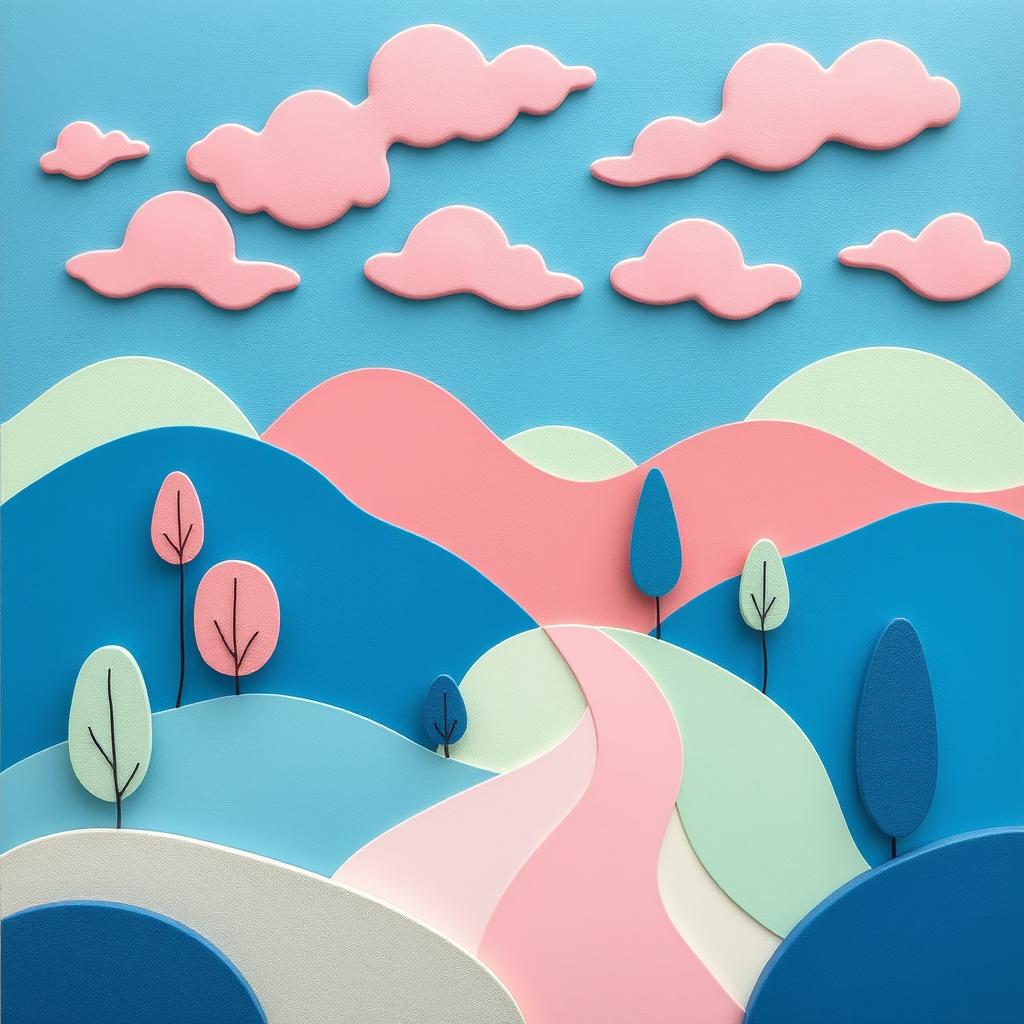 A decorative stylized landscape featuring abstract shapes and flowing lines, predominantly showcasing hues of blue, pink, and light green