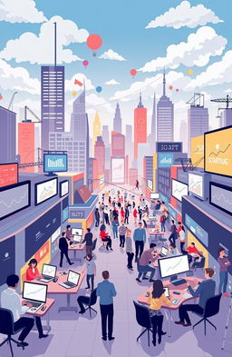 The evolution of entrepreneurship in the digital era, showcasing a vibrant marketplace with diverse entrepreneurs of various backgrounds, engaging in innovative technologies and digital tools, such as e-commerce platforms, social media marketing, and online networking