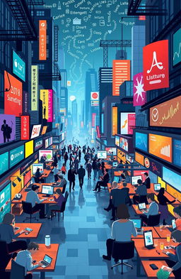The evolution of entrepreneurship in the digital era, showcasing a vibrant marketplace with diverse entrepreneurs of various backgrounds, engaging in innovative technologies and digital tools, such as e-commerce platforms, social media marketing, and online networking