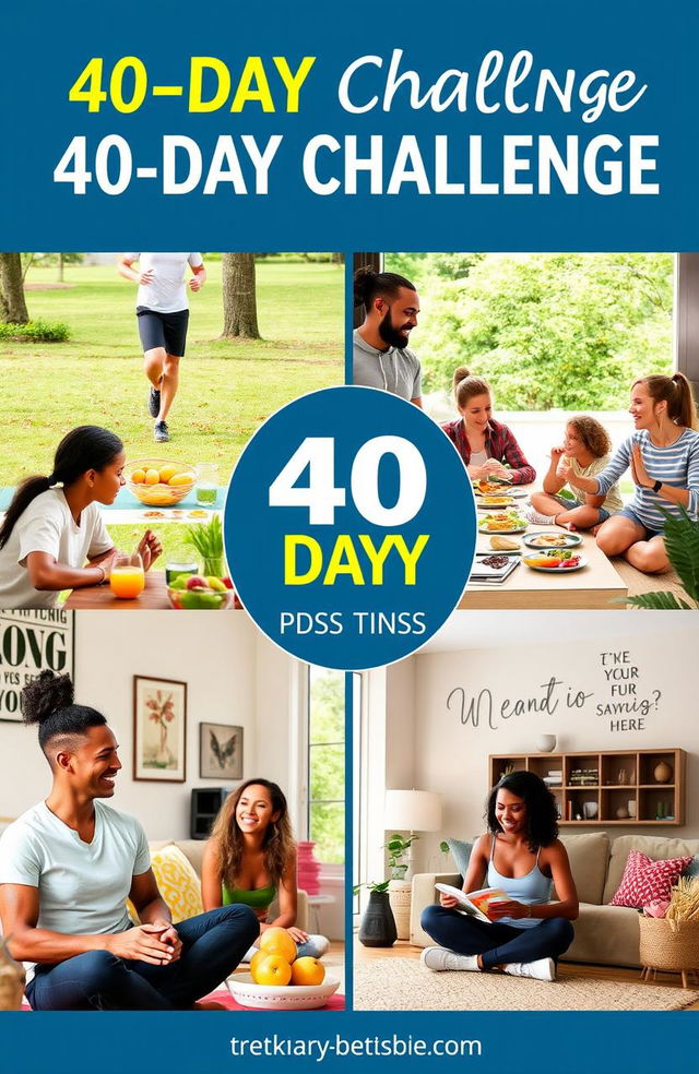 A motivational scene depicting a diverse group of people engaging in healthy lifestyle changes over a 40-day challenge