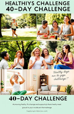 A motivational scene depicting a diverse group of people engaging in healthy lifestyle changes over a 40-day challenge