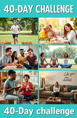 A motivational scene depicting a diverse group of people engaging in healthy lifestyle changes over a 40-day challenge
