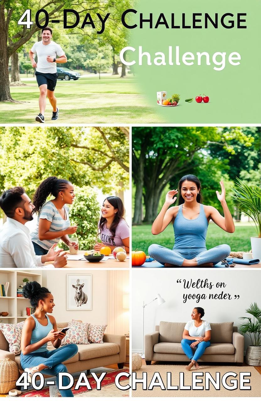 A motivational scene depicting a diverse group of people engaging in healthy lifestyle changes over a 40-day challenge