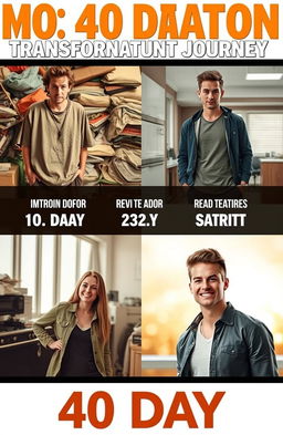 A motivational transformation journey showing a person evolving from unattractive to attractive over a 40-day period
